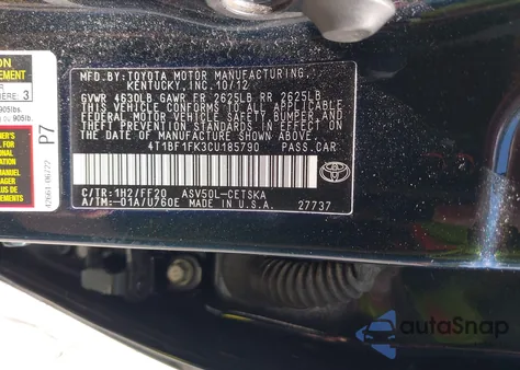 2012 Toyota Camry Se from USA, damaged, VIN 4T1BF1FK3CU185790